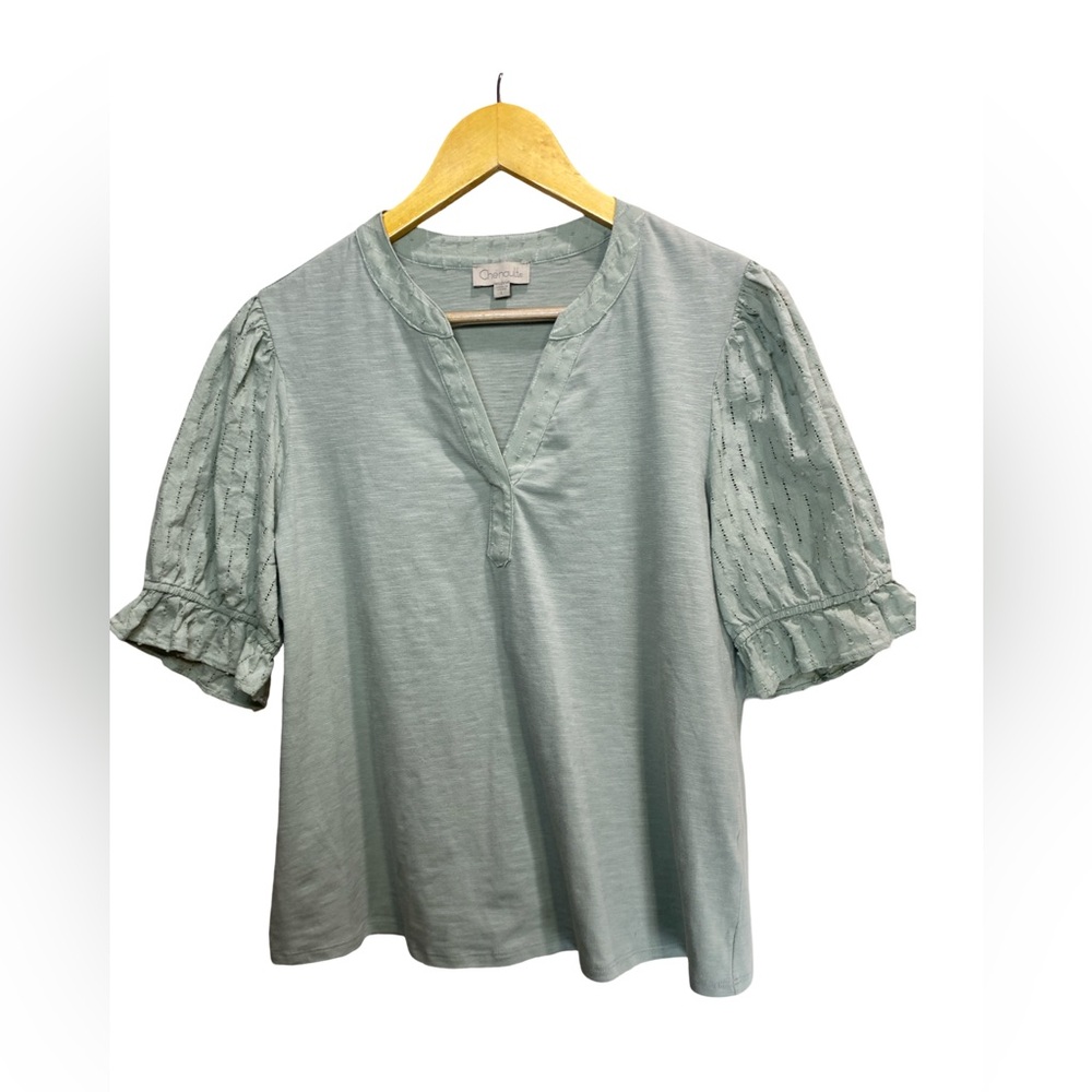 Chenault‎ Sage Green Eyelet Puff Sleeve Blouse Cottagecore V Neck Top